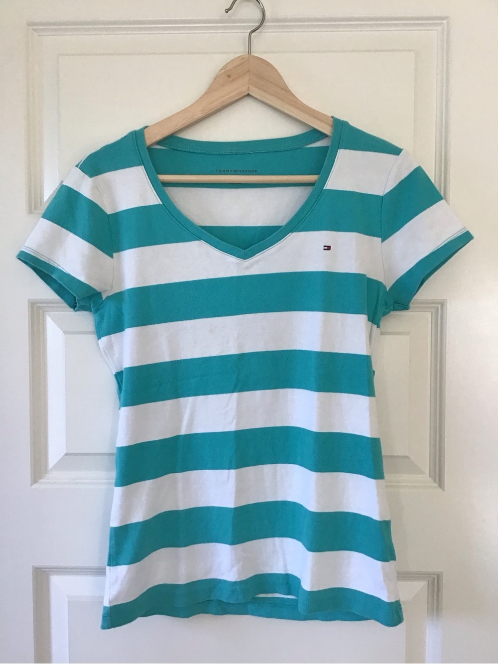 Tommy Hilfiger Teal and White Striped V-Neck Tee